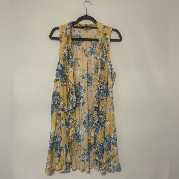 entro EUC yellow/blue floral ruffle front ling line open front cardigan vest L - Picture 2 of 4